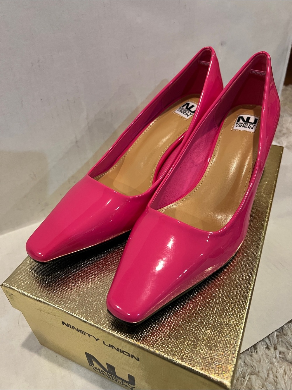 Ninety Union Blink Square Toe Pump On A Architectural 2.5 Inch Heel Hot Pink